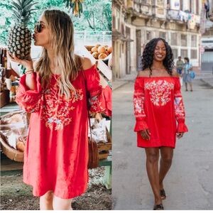 Free People Red Fleur Du Jour Off Shoulder embroidered dress